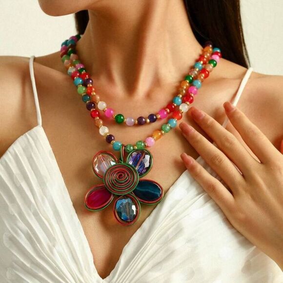 Rainbow Beaded Flower Pendant Necklace – Bold, Colorful & Totally Joyful - Picture 3 of 12